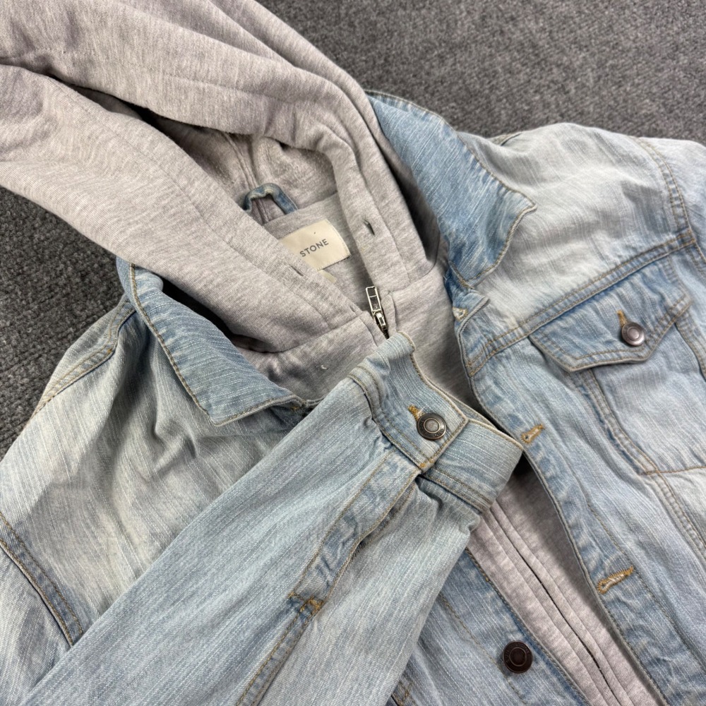 Sun + Stone Denim Jacket XXL Blue Gray Layered Hooded Trucker Mens